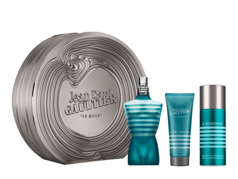 JPG LE MALE SET 4.2oz EDT SP + 2.5oz S/GEL + 5.1oz DEP SP (M) TIN CAN