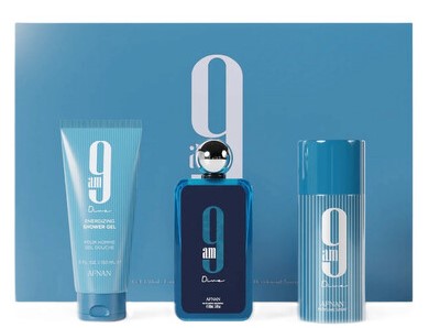 AFNAN 9AM DIVE 3PC SET 3.4 EDP+SPRAY +5.0Z S.GEL + 5.0Z DEO (U)..